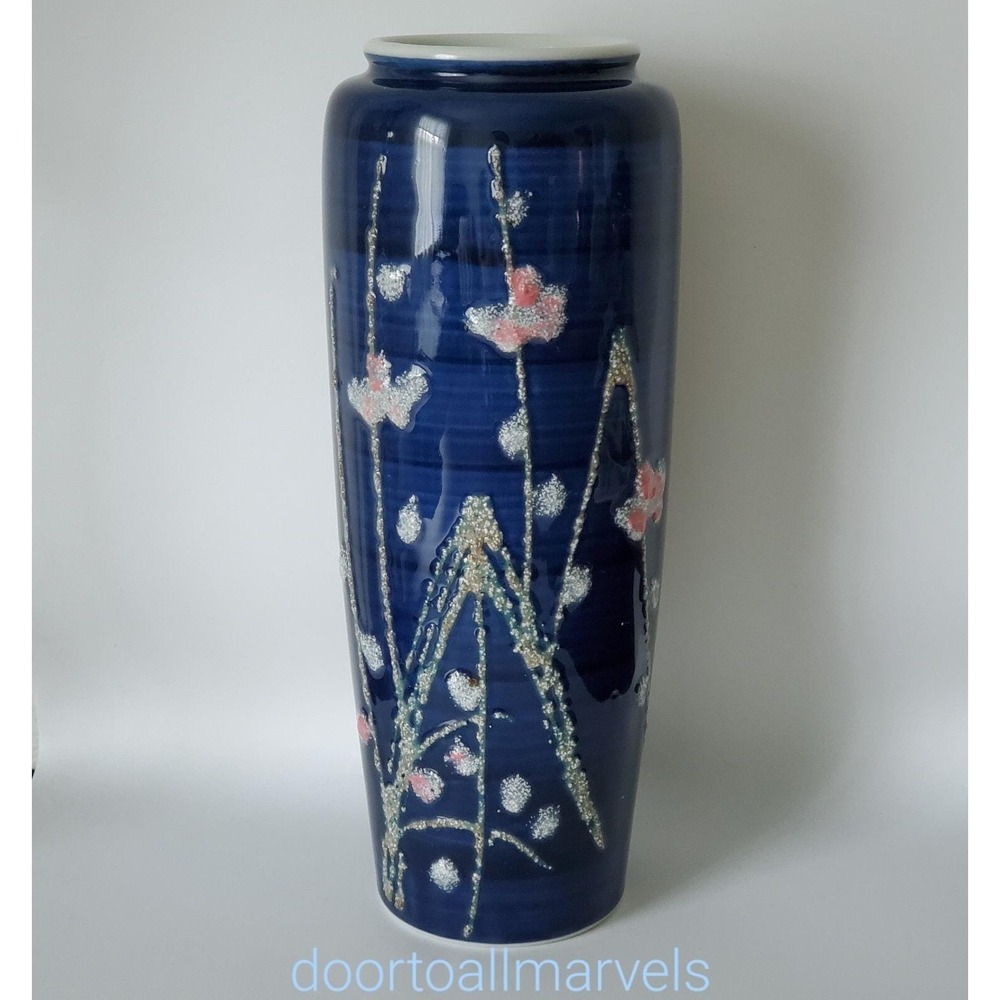 Vintage Vase Cobalt Blue Glaze Majolica Cherry Blooms 11.75"  Japan Porcelain